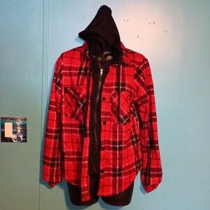 No Boundaries Red Plaid Hooded Shirt Jacket